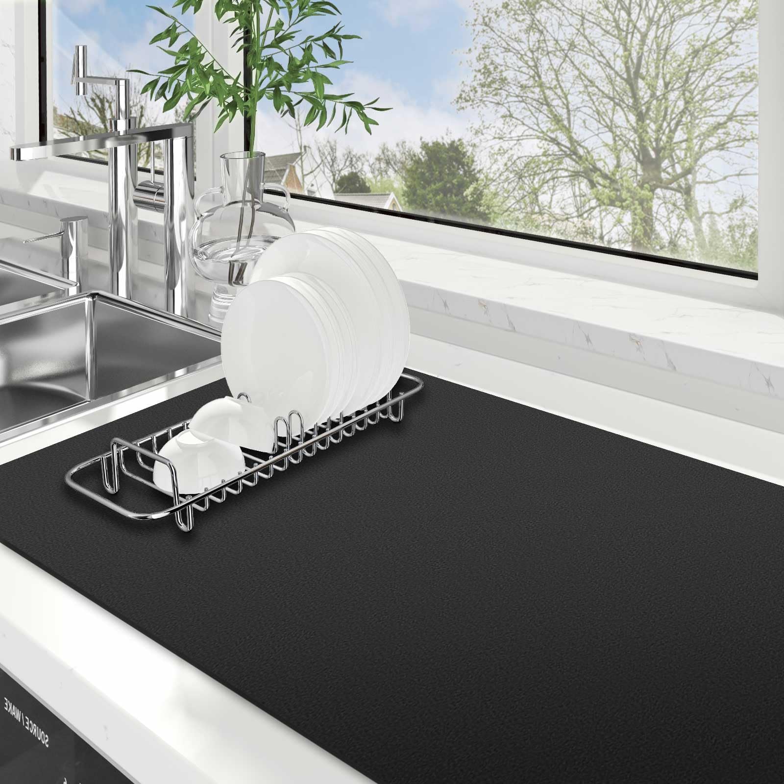 WISELIFE Dish Drying Mat Super Absorbent Drying Mat Large Dish Drying Mats for Kitchen Counter Easy Clean Dish Mat Kitchen Drying Mat18"x 36" Classic Black Image