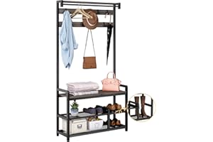 Mr IRONSTONE Coat Rack, Hall Tree with Shoe Bench 4-in-1 Entryway Shoe Rack with Detachable Shelf, Mudroom Garage Storage Org