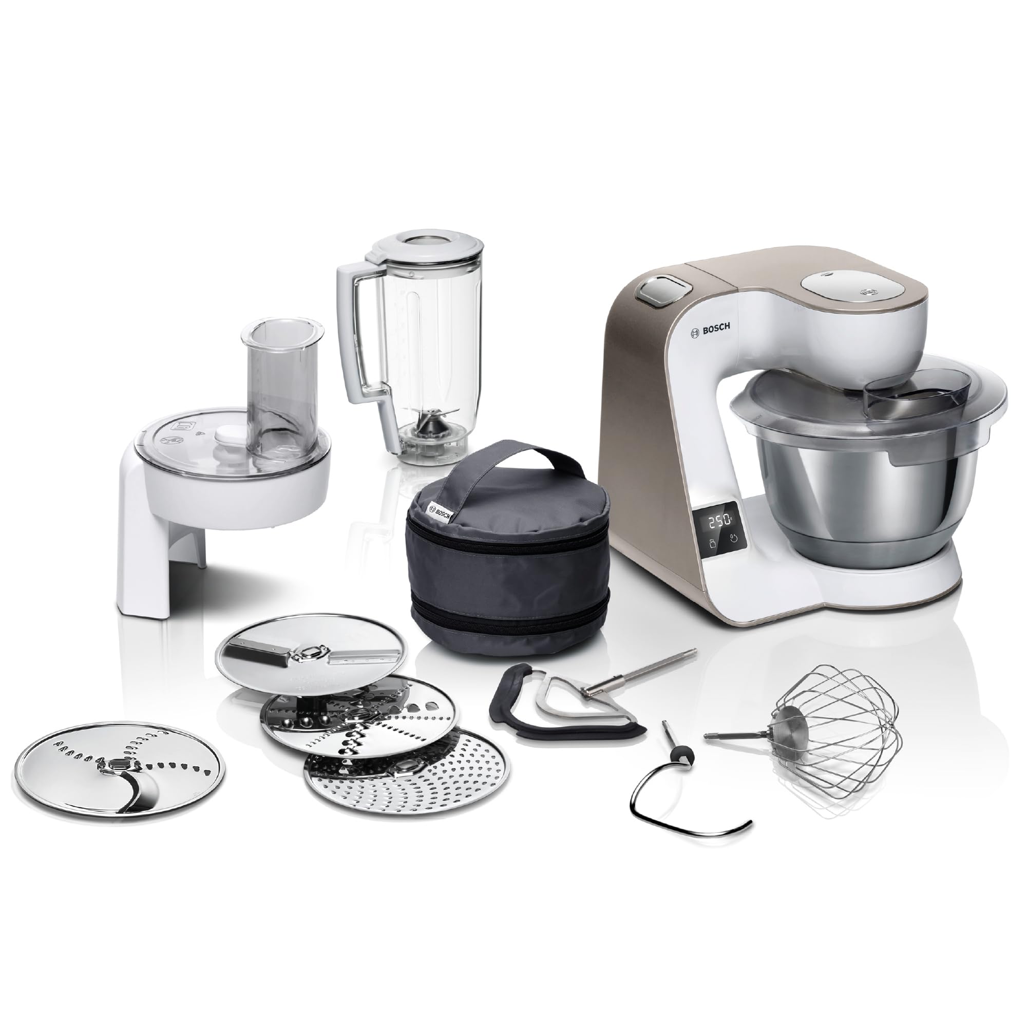 Bosch Küchenmaschine Serie 4, integrierte Waage, Mixer 1,25 L, Edelstahl-Schüssel 3,9 L, Profi-Knethaken, Schnee-, Silikonbesen, Durchlaufschnitzler, 4 Scheiben, 1000 W, weiß, MUM5XW20