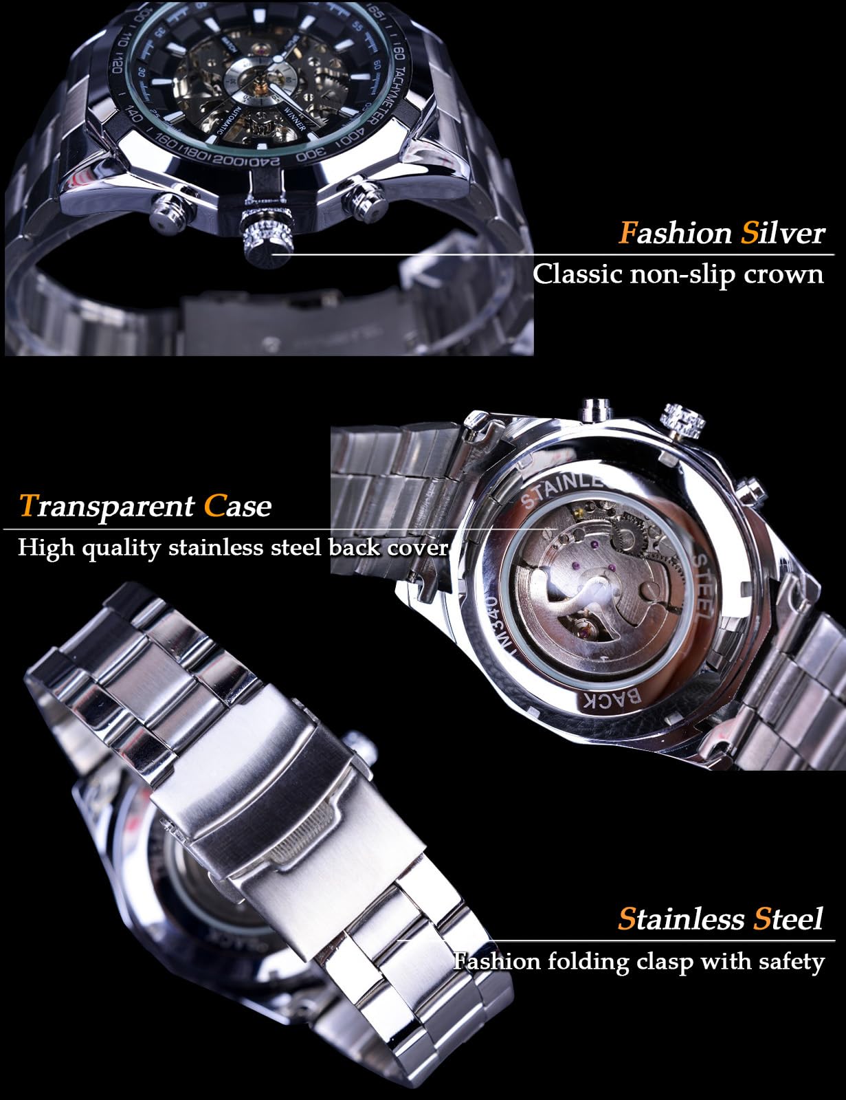 FORSINING Mens Watches Automatic Skeleton Hollow Mechanical Automatic Luxury Watch Blue Black Stainless Steel Band Waterproof Wrist Watch, silver black, Modern
