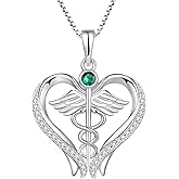 STARCHENIE Caduceus Pendant Necklace 925 Sterling Silver Heart Angel Wings Nurse Jewelry Gifts for Doctor Graduation Medical Student
