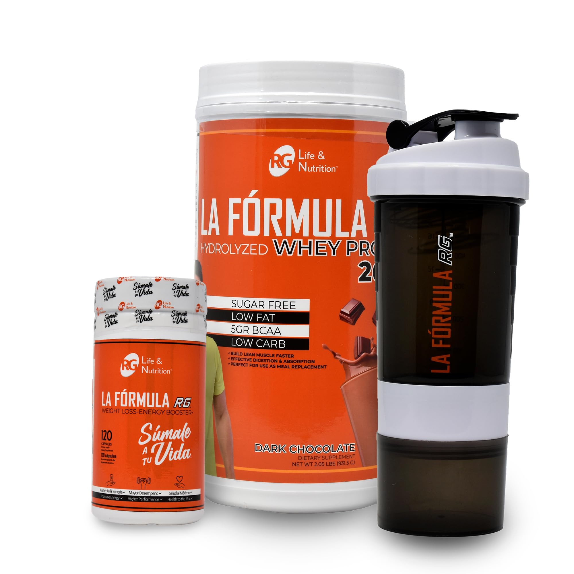 RG LIFE & NUTRITION La Formula - Hydrolyzed Whey Protein Powder with BCAA, 2.05 Lb + Fat Burner, 120 Capsules. + Shaker Bottle, 16 Oz