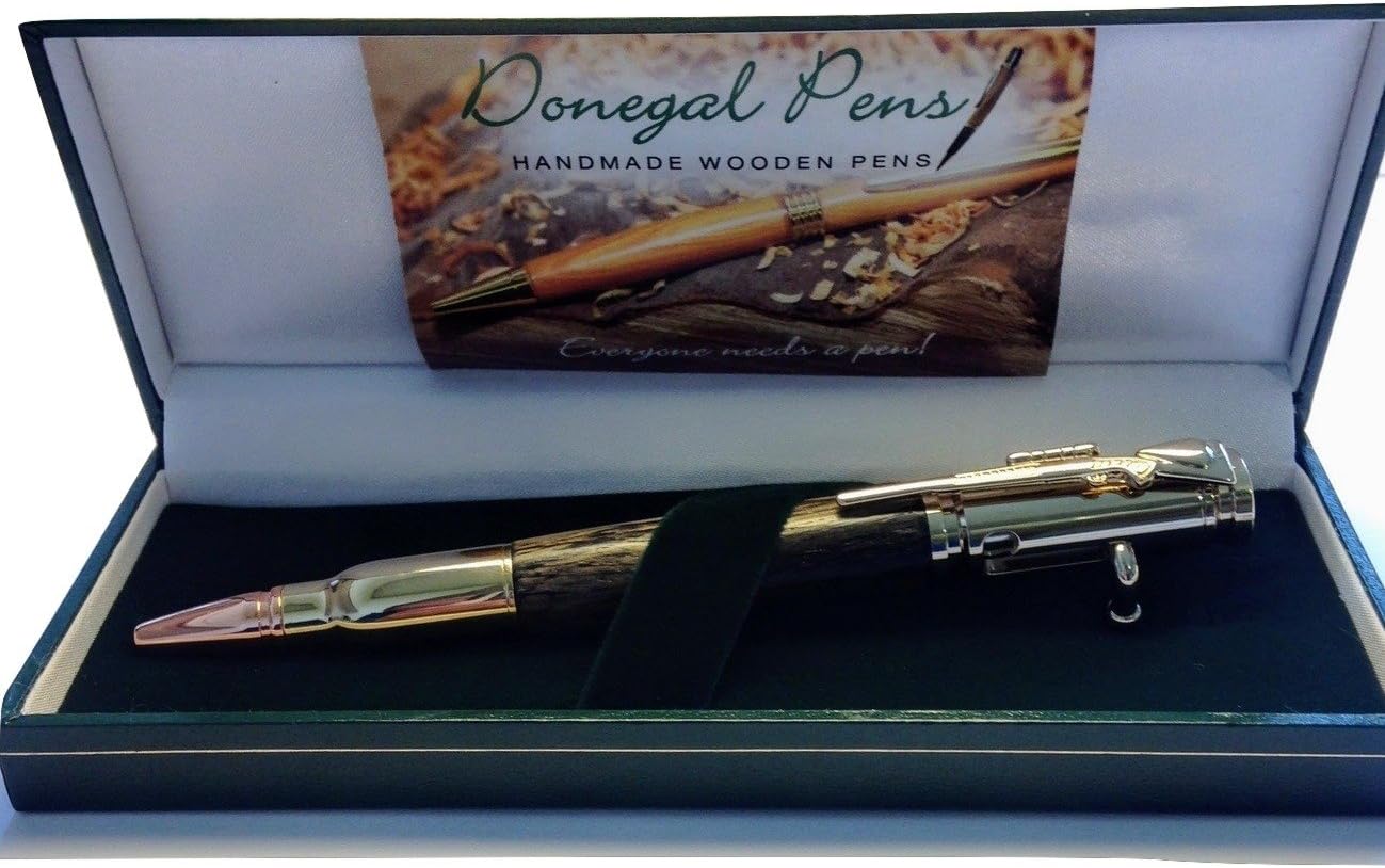 Handcrafted Wooden Refillable Ballpoint Pen Made in Ireland with Ancient Irish Bog Oak Wood and Enhanced with Gold Plate Trim and Chrome Tip