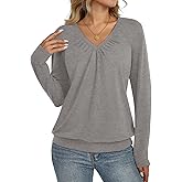 Eachyes Womens V Neck Long Sleeve Shirts Banded Bottom Pleated Tops Fall Dressy Casual Blouses 2025