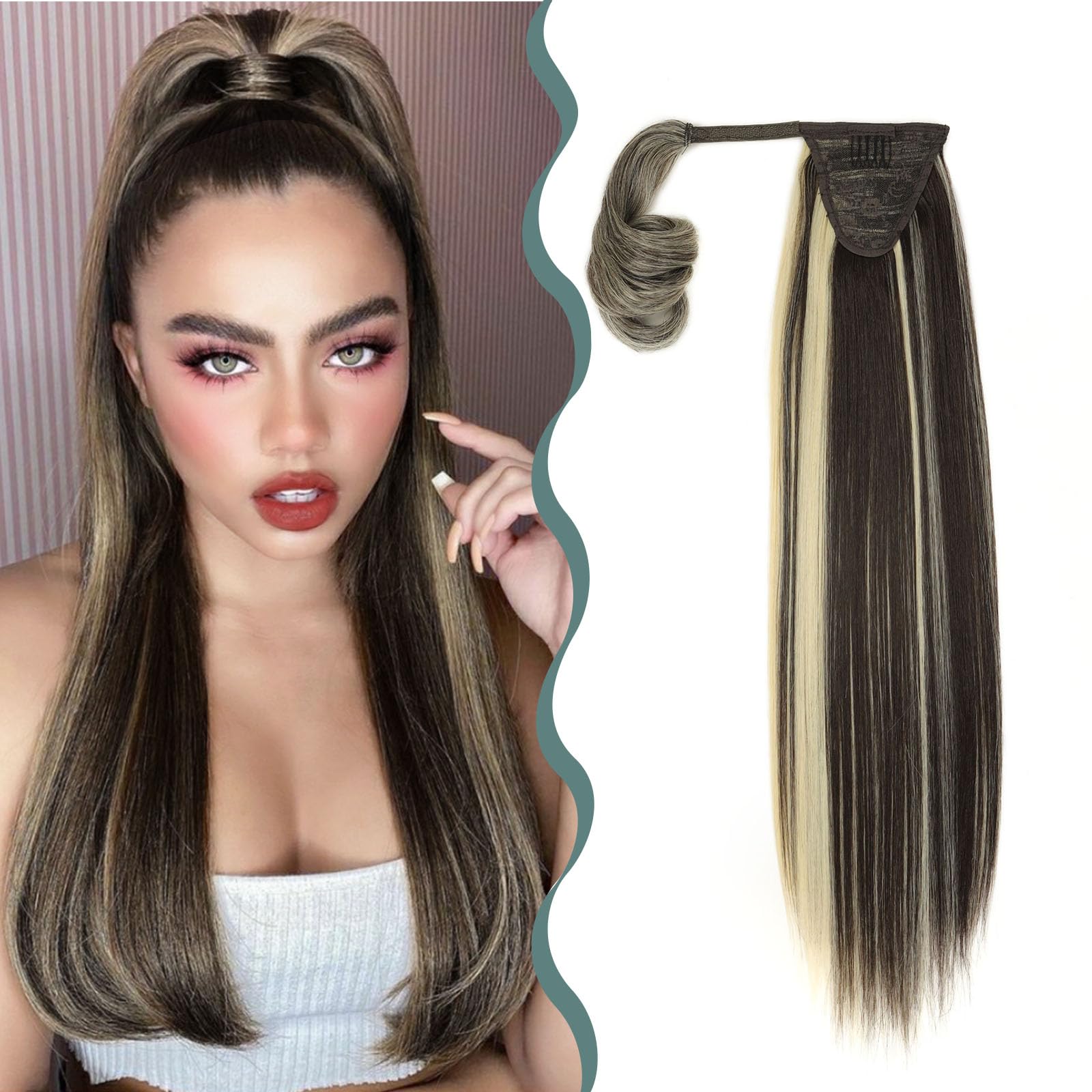 BHF Hair Extensions - Clip In Hair Extensions Wrap Around Ponytail Extension Long Straight Ponytail Hairpiece Fluffy Synthetic Fiber Fake Ponytail for Women Girls（Medium Brown to Blonde 22'' 130g）