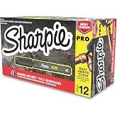 Sharpie Pro Permanent Markers, Anti-Roll Barrel, Fine Tip, Black, 12 Count - Marks on Wet and Oily Surfaces