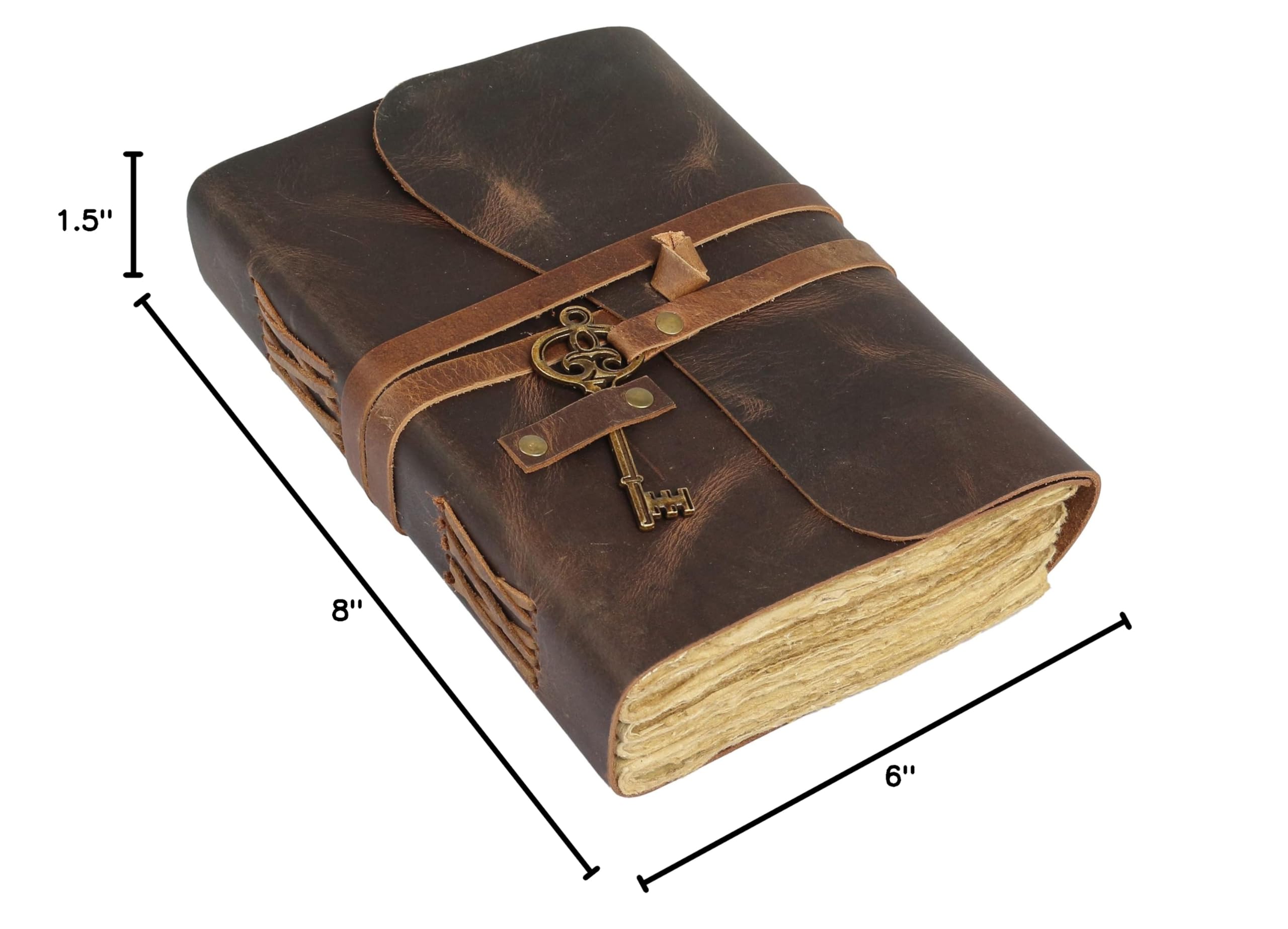 Leather Journal with Deckle Edge Paper 8x6 inch and Vintage Key | Handmade Writing Notebook Diary | Bound Daily Notepad for Men & Women Medium, Sketch/Writing pad for Artists