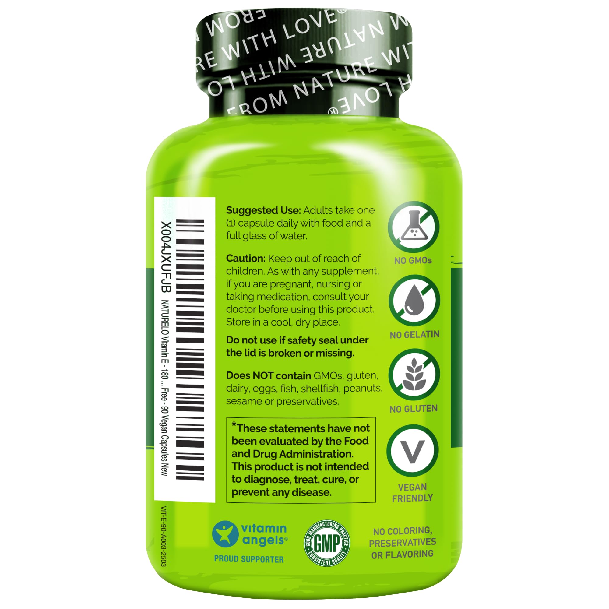 NATURELO Vitamin E - 180 mg (300 IU) of Natural Mixed Tocopherols from Organic Whole Foods - Supplement for Healthy Skin, Hair, Nails, Immune & Eye Health - Non-GMO, Soy Free - 90 Vegan Capsules