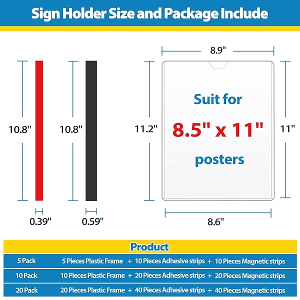 VAIIGO MAGNETIC SIGN HOLDER 11 X 17, 20 PACK RIGID MAGNETIC PAPER HOLDER POSTER DISPLAY FRAME, CLEAR PLASTIC DOCUMENT PROTECTORS WITH MAGNET & ADHESIVE, ADHESIVE FRAME FOR WALL DOOR FRIDGE WINDOW