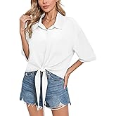 SUEANI Women’s Tie Front Button Down Shirt Casual 3/4 Sleeve Collared Work Blouse with Pocket