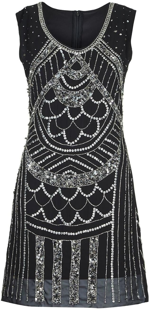 1920's Charleston Flapper Gatsby Black Heavily Embellished Sequin Beaded Shift Party Cocktail Dress