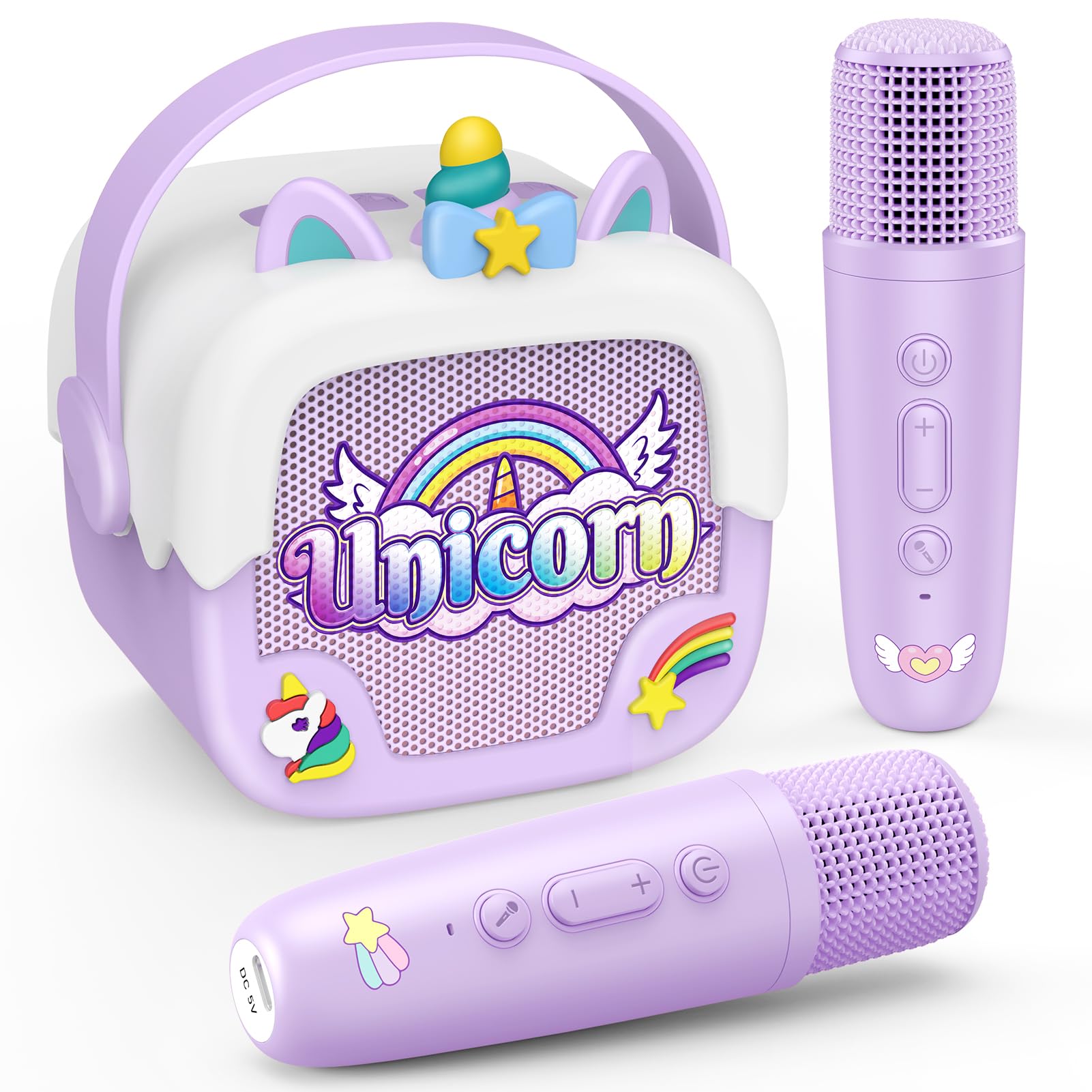 Photo 1 of Mini Karaoke Machine for Kids Girls: Unicorn Portable Bluetooth Speakers with 2 Wireless Mic Toys for Girls Age 4-6 7 8 9 Years Old Girl Gifts Birthday Gifts for 5 6 7 8 9 10 11 Years Teens Purple