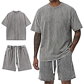 Arssm Mens Short Sets Outfits 2 Piece Summer Outfits Oversized T-Shirt Shorts Set Acid Wash Short Sleeve Tracksuit