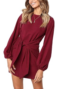 PRETTYGARDEN Women's Lantern Sleeve Tie Waist Dress