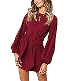 PRETTYGARDEN Womens Spring Elegant Long Lantern Sleeve Short Dress Wedding Guest Crewneck Tie Waist Knit Cocktail Dresses