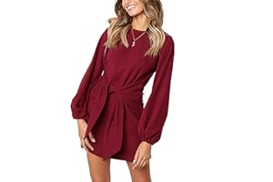 PRETTYGARDEN Womens Fall Elegant Long Lantern Sleeve Short Dress Wedding Guest Crewneck Tie Waist Knit Cocktail Dresses
