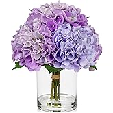 Hollyone Purple Hydrangea Artificial Flowers in Vase Latex Real Touch Large Faux Hydrangea Flowers Arrangements Hydrangeas Fake Flower with Glass Vase with Faux Water for Table Centerpiece Home Decor