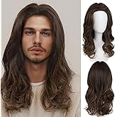 GNIMEGIL Sophisticated Long Wavy Cosplay Wig for Men in Rich Brown Natural Curly Wig Gentleman Halloween Costume Roleplay Wigs Brown in Synthetic Fiber
