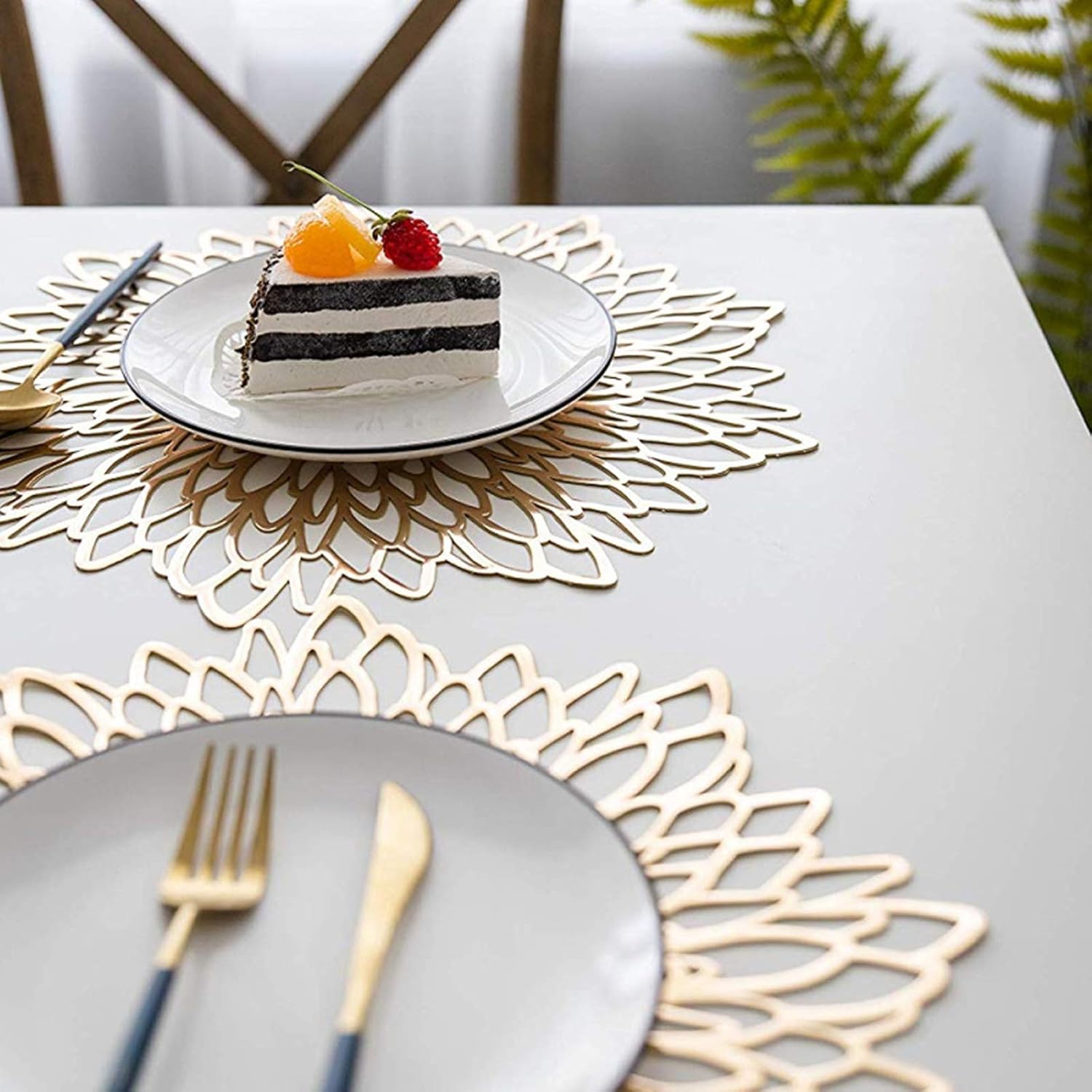 Gold Placemats and Table Mats Sets, Washable Hollow Round Place Mats for Kitchen Table Heat Resistant PVC Table Mats for Dining Table Christmas, Wedding, Restaurant, Hotel,15.5inches (Sets of 8) - Image 3
