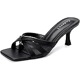 Goderci Kitten Flip Flop Heels for Women Strappy Mule Heels Mid Square Open Toe Slip On Heeled Sandals