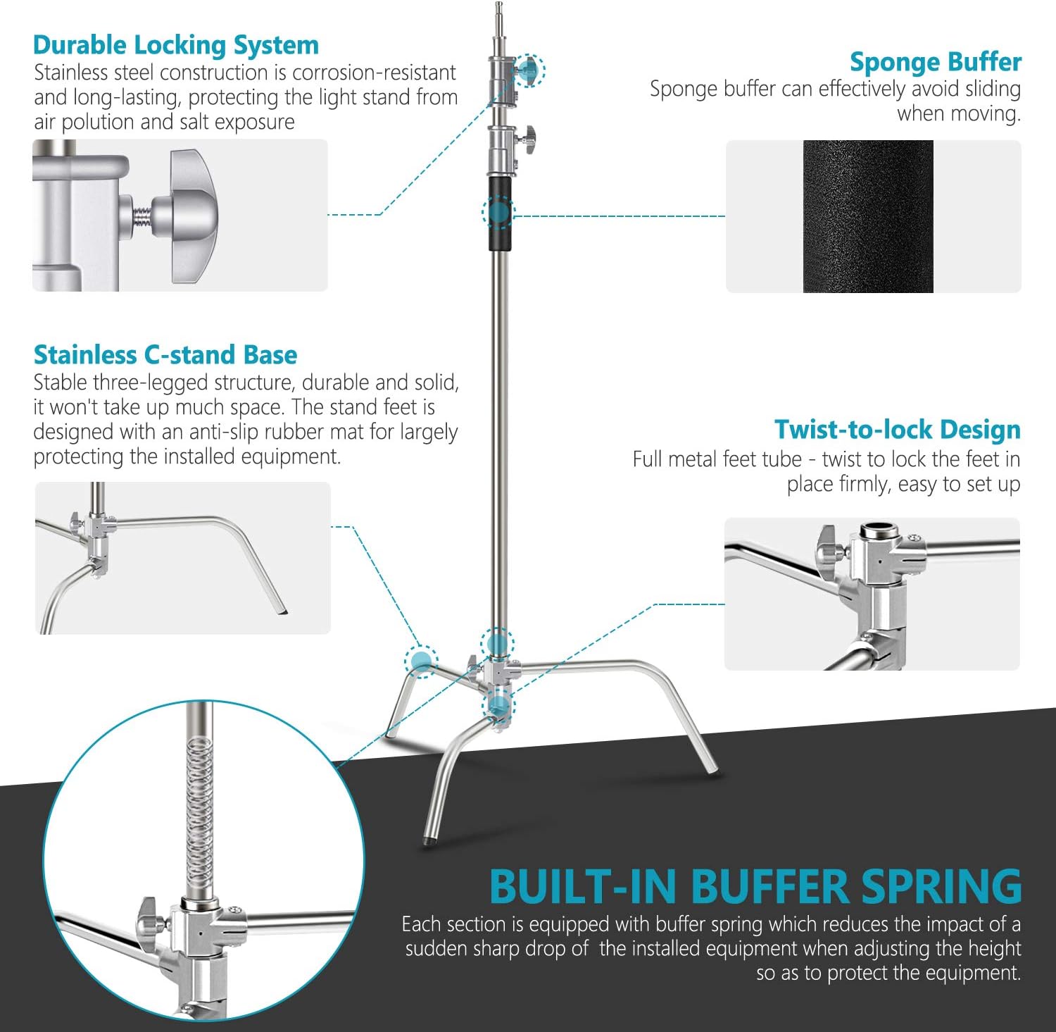 NEEWER 10 Feet/3 Meters C-Stand Light Stand with 4 Feet/1.2 Meters Extension Boom Arm - Image 3