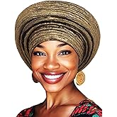 Woeoe Pre-Tied African Hats Gold Auto Gele African Head Wraps Church Turban for Women
