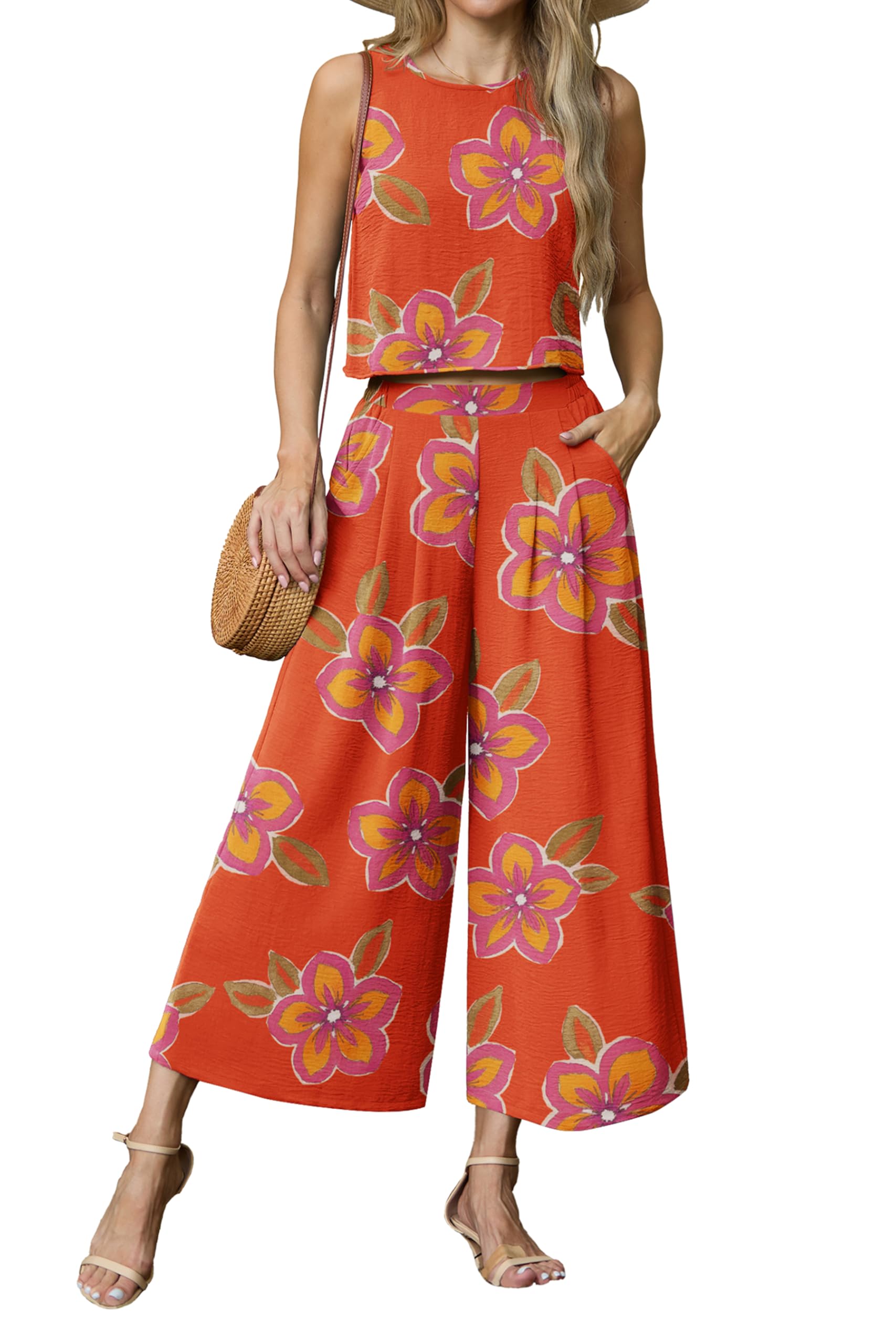 Lepunuo Women's Summer Two Piece Outfits Sleeveless Crop Top Casual Wide Leg Pants Vacation Beach Travel Outfits Image