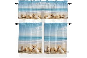 Rullikatlyi Beach Coastal Kitchen Curtains Sets for Windows 24 Inch Length, Summer Seaside Rod Pocket Window Treatments, Shell Starfish Nautical Tier Curtains and Valances Set for Bedroom/Bathroom