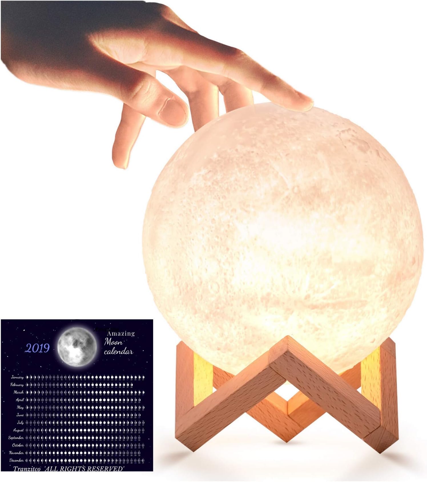 Moon lamp 3D LED dimmable Moon Night Light,3 warm luna colors,5.9 inch rechargeable Glowing Moon globe for kids-bonus downloadable Moon Calendar.