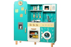 Bruvoalon Wooden Play Kitchen Toy Set for Kids, with Realistic Design, Sink with Faucet, Oven, Microwave, Utensils, Kitchenware Play Food Set Accessories, Birthday Gifts for Toddlers Boys Girl (Green)