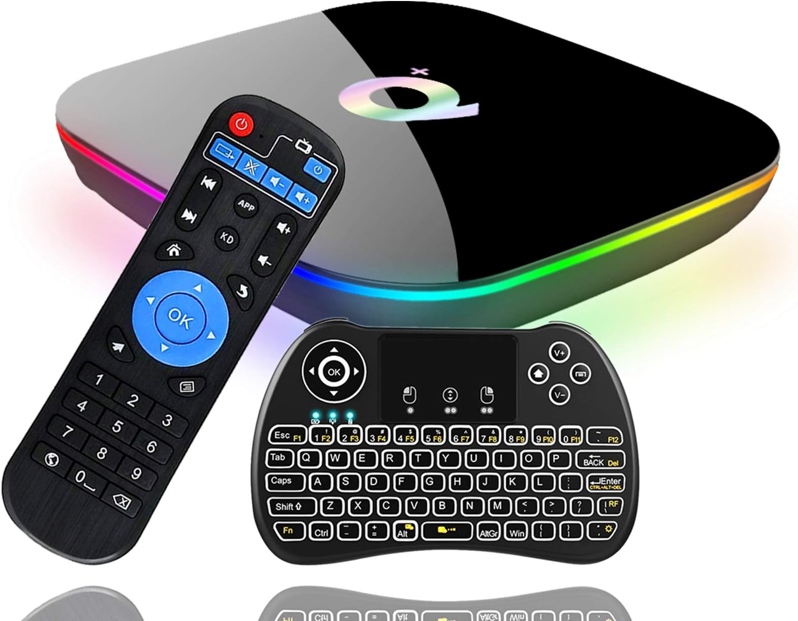 EVANPO Android 9.0 TV Box, Smart Android Boxes Media Player Quad-core Cortex A53 4GB + 64GB Support 3D/ 4K/ 6K/ H.265/2.4GHz WiFi/USB 3.0/ HDMI 2.0 with Wireless Mini Keyboard (Backlit)