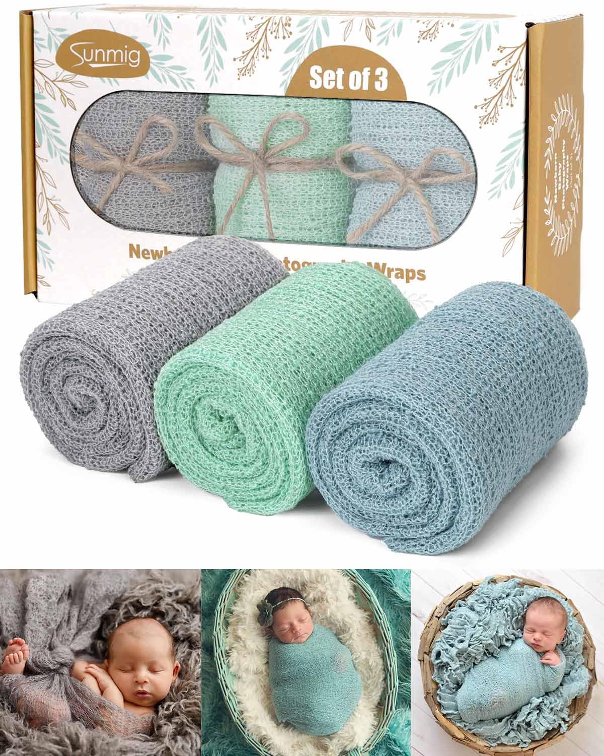 Photo 1 of Sunmig Newborn Photography Props - 3 Pcs Baby Stretch Wraps, Professional Baby Photo Props Long Ripple Wrap for 0-6 Months (Light Grey+Canal Blue+Mint Green)