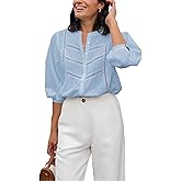 EsheSy Women's Button Down Shirts Lace Blouses Bracelet Sleeves Round Neck Loose Pleated Cotton Tops