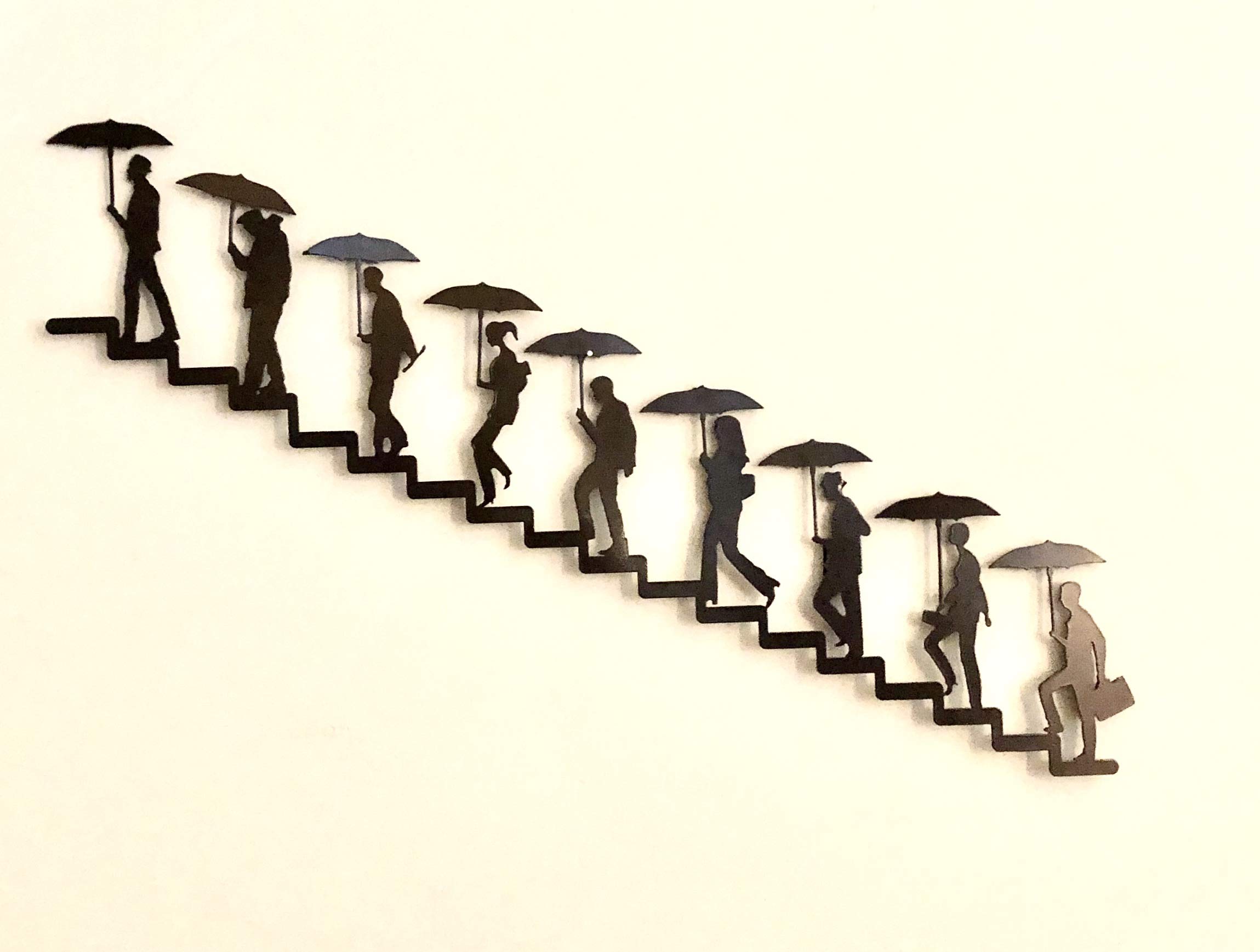 Haute Collage Walking up the Stairs Metal Wall Art Wall Mural People Silhouette Walking up the stairs in Rain Wall-hanging Outdoor Indoor Staircase Decoration Plaque