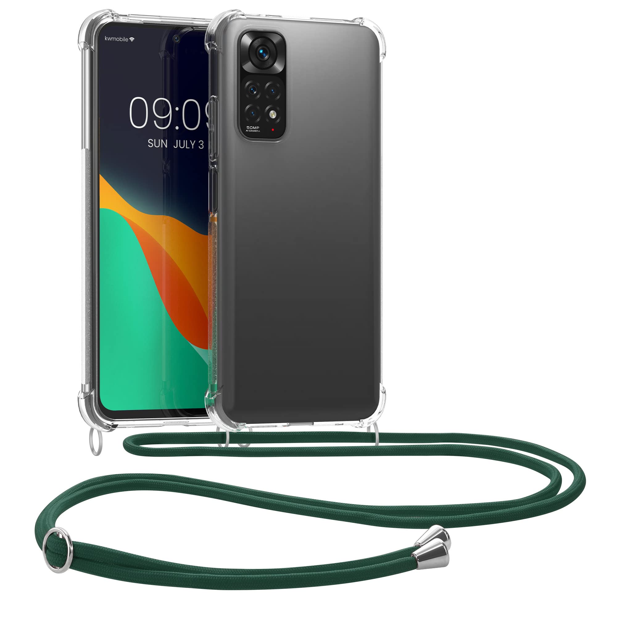 kwmobile Crossbody Case Compatible with Xiaomi Redmi Note 11 / Note 11S Case - Clear TPU Phone Cover w/Lanyard Cord Strap - Dark Green/Transparent