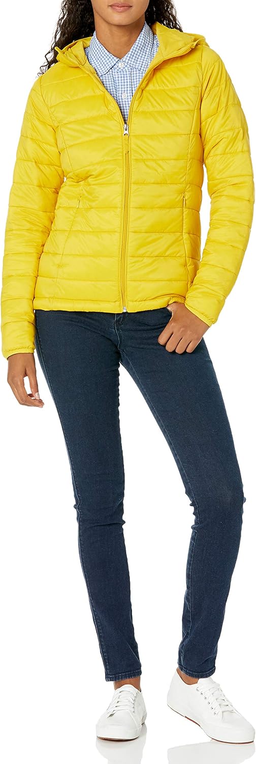  Essentials Women's Lightweight Long-Sleeve Full-Zip Water-Resistant Packable Hooded Puffer Jacket: Clothing