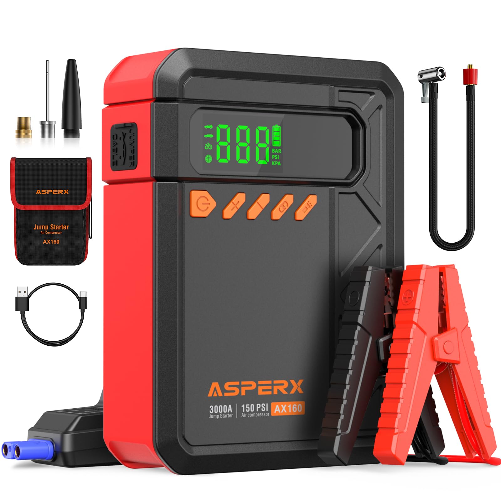 View 1 of Portable Car Jump Starter with Air Compressor, 3000A Jumper Starter Car Battery Pack(9.0 Gas/7.0L Diesel), 150PSI Cordless Tire Inflator, 12V Jump Box Car Battery Charger Booster with Storage Bag