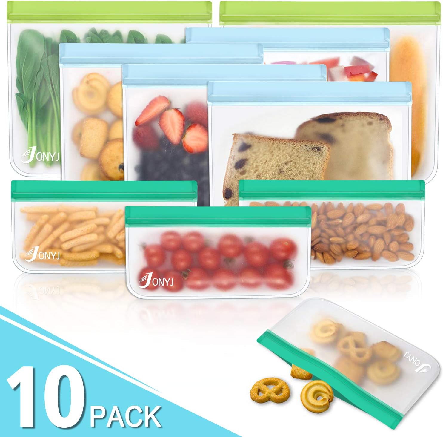 Reusable Storage Bags, 10 Pack Leakproof Ziplock Bags - 2 Reusable Freezer Bags, 4 Reusable Lunch Sandwich Bags, 4 Reusable Snack Bags, Extra Thick BPA Free Food Bags for Travel Home Organization