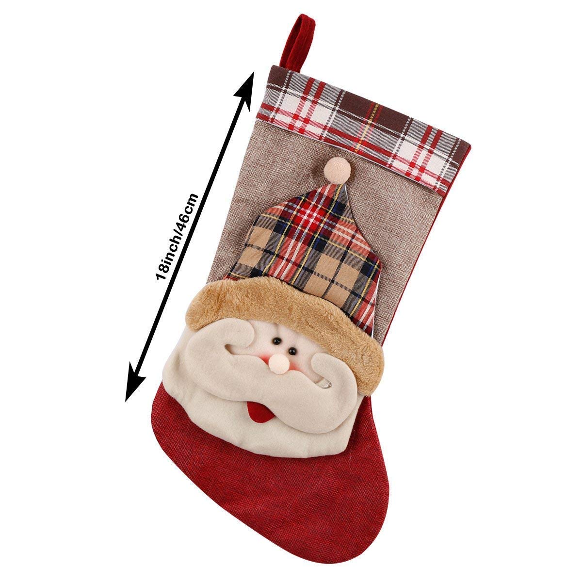 Christmas Stocking 3D Santa Claus Christmas Day Gift Classic Traditional Plaid Adorable Cute Holiday Decoration Ornament Decorate Your Home for Party Office Xmas Tree 18 inch