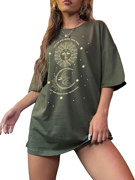 SHENHE WOMEN’S GRAPHIC HALF SLEEVE DROP SHOULDER CREWNECK OVERSIZED T SHIRT TOPS ARMY GREEN M