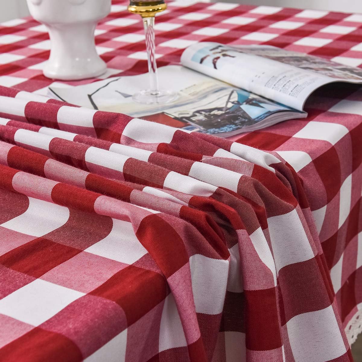 BEBEN Lace Checkered Tablecloth,Spillproof and Washable Polyester Table Cloth for Rectangle Tables,52-Inch-by-70,Red and White Checkered,Seats 4 to 6 People: Kitchen & Dining