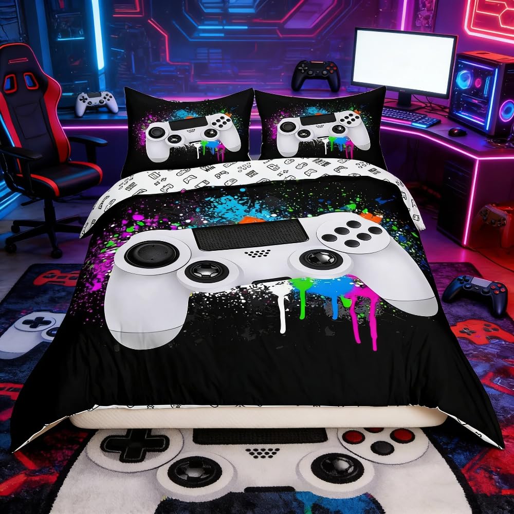 Loussiesd Gaming Duvet Cover Boys Gamer Bedding Set White Video Game Gamepad Comforter Cover For Teens Kids Children Bedroom Decor Colorful Tie Dye Modern Game Controller Bedspread Cover Double