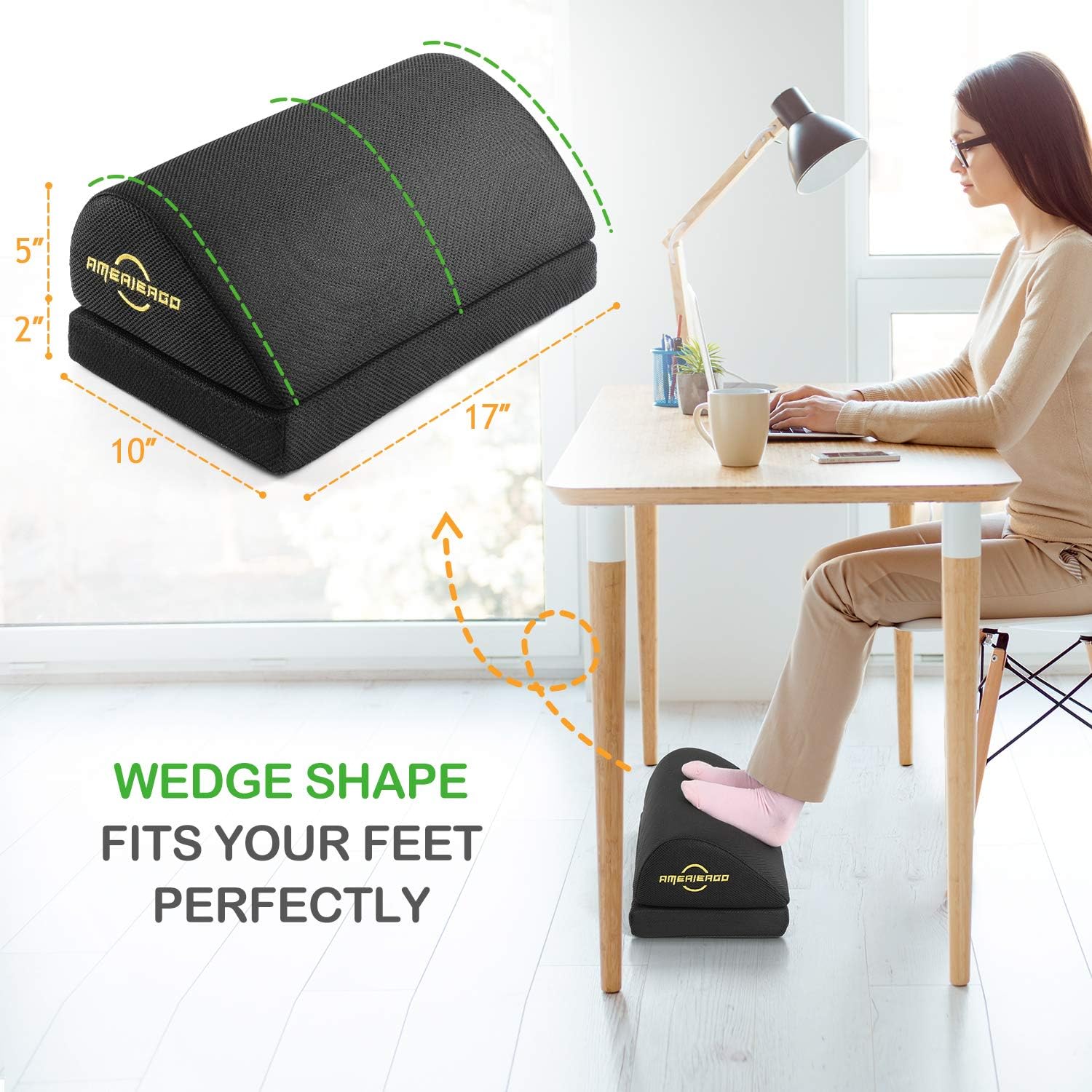AMERIERGO Adjustable Foot Rest - Office Under Desk Foot Rest with 2 Adjustable Heights, Ergonomic Foot Rest with Non-Slip Bottom, Foot Rest Cushion with Mesh Breathable Washable Cover : Office Products