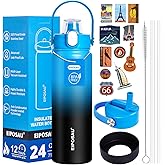 Insulated Water Bottle with Lid & Boot & Stickers, 24 oz Stainless Steel Sweat Free Bottle Keep Cold 24H, BPA-Free Sports Wide Mouth Water Bottle, BlueBlack