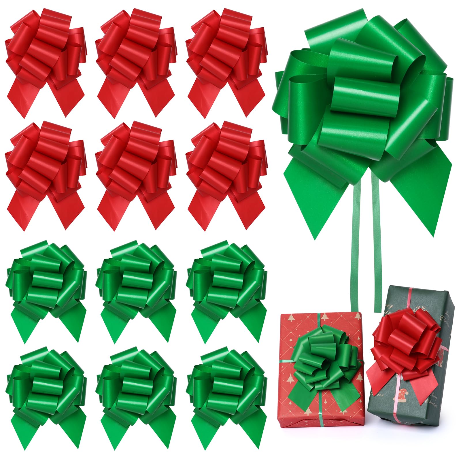 Photo 1 of 12 pcs Large Christmas Bows for Gift Wrapping, 5inch Wide Xmas Pull Bows for Presents, Gift Baskets, Christmas Tree, Wine Bottles, Decorations (red and Green)