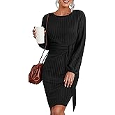HOTOUCH Women's Knit Dress Long Lantern Sleeve Bodycon Dress Crewneck Tie Waist Rib Knitted Sweater Dresses