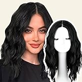 NOVFLKW Black Short Wavy Wig for Women Shoulder Length Middle Part with Pre Cut Lace Hairline Wavy Wig Natural Appearance Synthetic Heat Resistant Fiber for Everyday Hairstyle 16 Inch