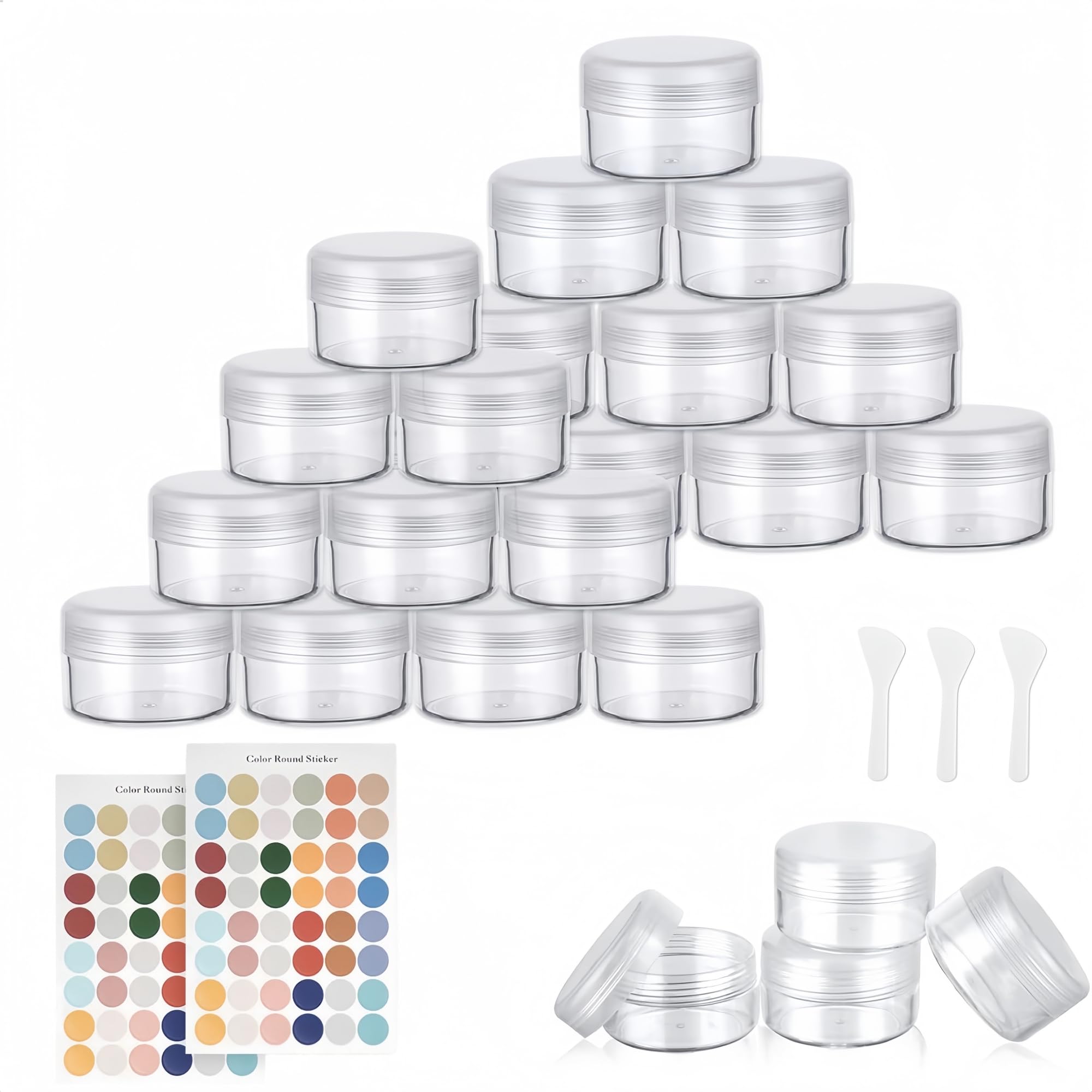 Flintronic Plastic Cosmetic Jar*24, Transparent & Visible Sample Container Jar, Transparent Screw Cap Bottle with Sticker & Small Spoon, Suitable for Cosmetic/cream/gel/paste/beads — image 1