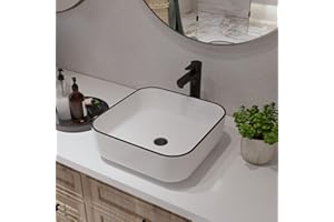 DEER VALLEY DeerValley 15'' x 15'' Bathroom Sinks, Vessel Sink Square White Ceramic Bathroom Vessel Sinks, Bath Sink Above Counter Vanity Sink Basin Sink Bowl for Bathroom, White Body with Black Trim DV-1V0033