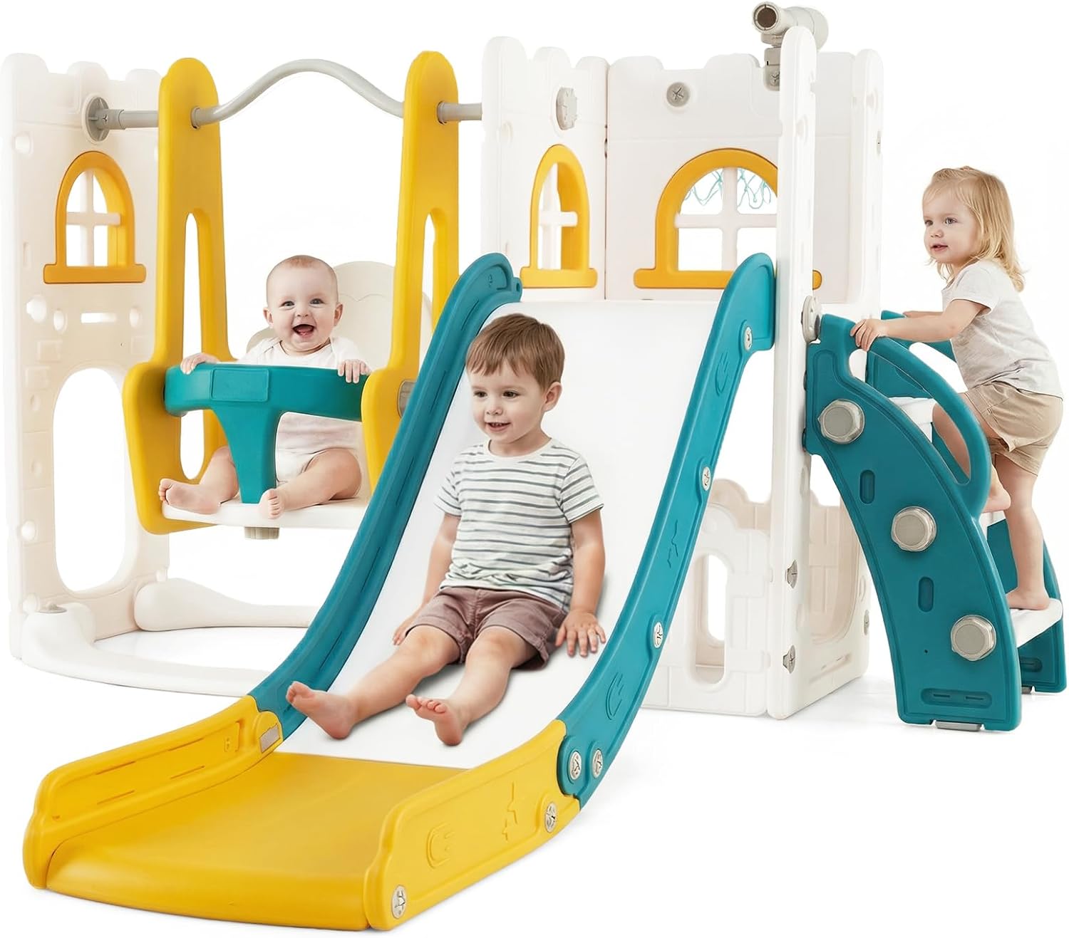 OLAKIDS Toddler Slide and Swing Set, 7 in 1 Kids Indoor Outdoor Playground with Telescope Toy Storage, Climber Basketball Hoop, Ideal Gift for Girls Boys Aged 1+ (Yellow)